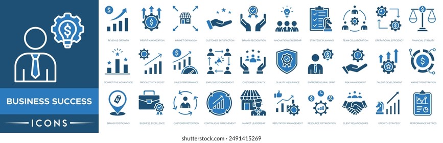 Business Success icon set.Revenue Growth, Profit Maximization, Market Expansion, Customer Satisfaction, Brand Recognition, Innovation Leadership, Strategic Planning and Team Collaboration