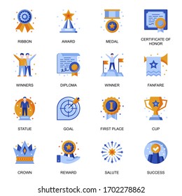 Business success icons set in flat style. Award ceremony, fanfare and salute, medal and cup, certificate of honor, first place and winning signs. Business achievement pictograms for UX UI design.