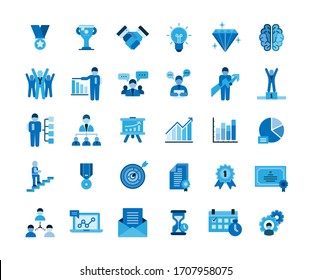 Symbole für den Geschäftserfolg werden gesetzt. Icons für Business, Management, Finanzen, Strategie, Planung, Analyse, Banking, Kommunikation, Social Network, Affiliate Marketing. Erstellt auf Pixelraster 64 x 64 Pixel.