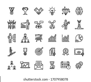 Business success icons set. Icons for business, management, finance, strategy, planning, analytics, banking, communication, social network, affiliate marketing. Created on pixel grid 64 x 64 pixel.