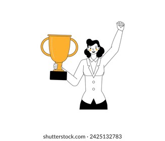 Business success illustration concept. Businesswoman holding gold trophy. Office woman character outline flat and minimal vector design style.