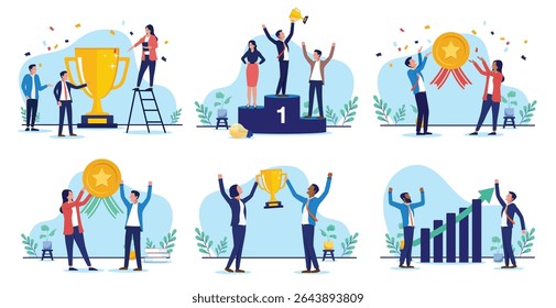 Business success illustrations collection - Vectors with various concepts of success, achievement, growth, and teamwork with trophies, medals, and rising charts. Flat design vector illustration
