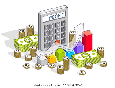 Business success and income growth concept, calculator, chart with arrow and cash money dollar stack and coins isolated on white background. Isometric 3d vector business and finance illustration.
