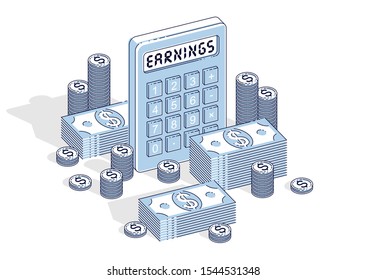 Business success and income or profit concept, calculator and money cash dollar stack and coins isolated on white background. Vector 3d isometric business and finance illustration.