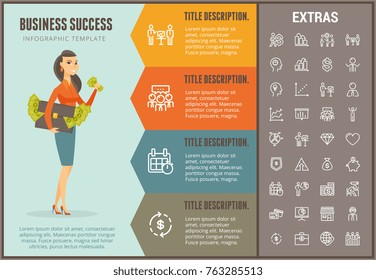 Business success infographic options template, elements and icons. Infograph includes line icon set with business worker, successful businessman, corporate leader, market data, money, piggy bank etc.