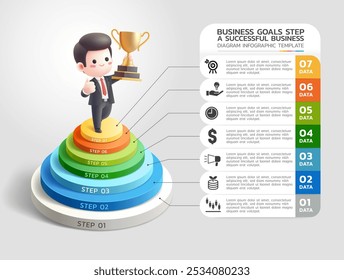 Paso de infografía de éxito empresarial, Plantilla de infografía 3D, trofeo de celebración de dibujos animados 3D de hombre de negocios.