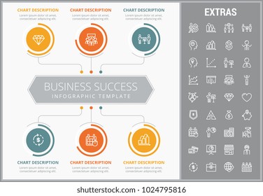 Business success infographic template, elements and icons. Infograph includes customizable graphs, charts, line icon set with business worker, successful businessman, corporate leader, market data etc