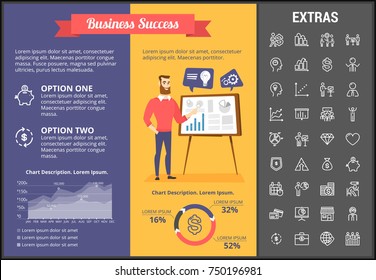 Business success infographic template, elements and icons. Infograph includes customizable graphs, charts, line icon set with business worker, successful businessman, corporate leader, market data etc