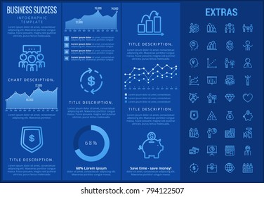Business success infographic template, elements and icons. Infograph includes customizable graphs, charts, line icon set with business worker, successful businessman, corporate leader, market data etc
