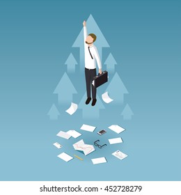 Business success isometric concept vector illustration. Business man has his business raised then takes off the ground to a new high position.