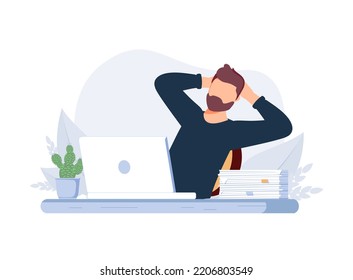 Business success. Job Done, a satisfied man leaned back in his chair in front of the computer. Success, good job, performed task. Modern elegant vector illustration on white background. Worker, office