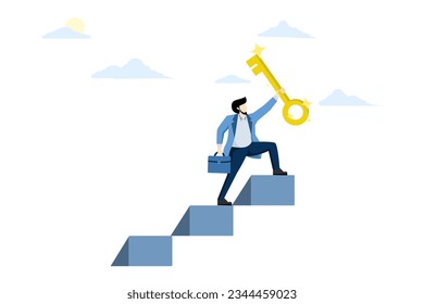 Business success key concept, ladder to find secret key or reach career target, victorious businessman climbing ladder lifting golden key of success to sky. flat vector illustration on background.