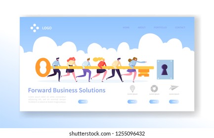 Business Success Key Landing Page Template. Cooperation and Teamwork is Secret for Motivation Work Strategy for Website or Web Page. Flat Cartoon Vector Illustration