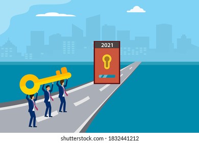 Business success key vector concept: Business team carrying a key to open a door with number 2021