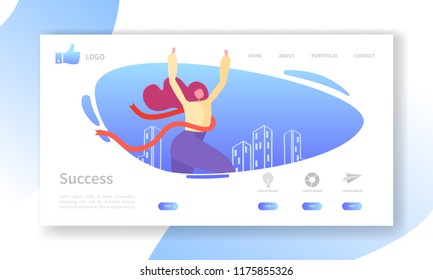 Business Success Landing Page Template. Website Layout with Flat Woman Character Crossing Finish Line. Leadership Concept. Easy to Edit and Customize Mobile Web Site. Vector illustration