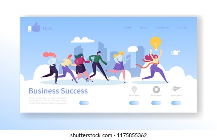 Business Success Landing Page Template. Website Layout with Flat People Characters Running to Finish. Leadership Concept. Easy to Edit and Customize Mobile Web Site. Vector illustration