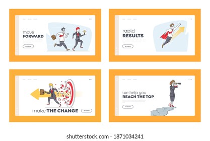 Business Success Landing Page Template Set. Businessmen Breaking Huge Target, Racing, Stand on Rock Top, Flying. Business Character Career Boost Goal Achievement, Challenge. Linear Vector Illustration