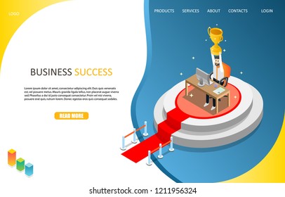 Business success landing page website template. Vector isometric illustration of businessman winner holding award cup in hands above his head while sitting at table on podium with red carpet.