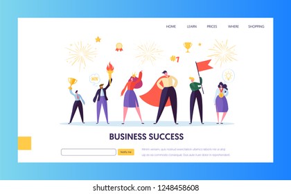 Business success, leadership, achievement landing page template. Businessman character with prize, successful teamwork for website or web page. Vector illustration