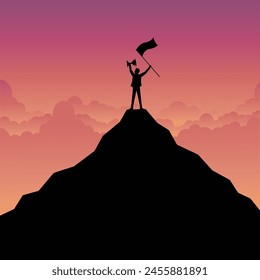 Negocio, Éxito, Liderazgo, Logro y concepto de personas. Silueta de un hombre de negocios sosteniendo un trofeo y una bandera en la cima de la montaña sobre el cielo y el fondo del atardecer. Ilustración vectorial plana