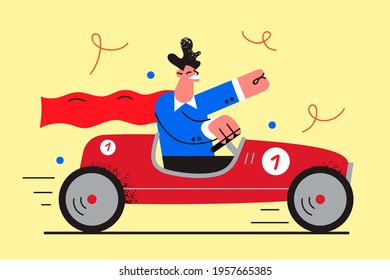 Business success   leadership concept  Young smiling man superhero businessman driving red vintage roadster car feeling proud   happy vector illustration 