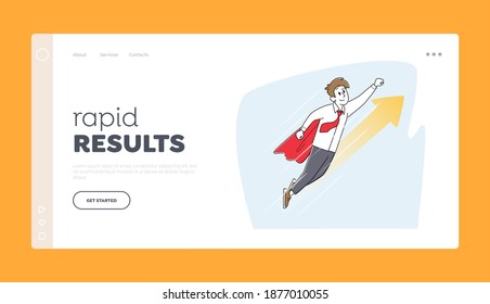 Business Success, Leadership, Professionalism and Goal Achievement Landing Page Template. Superhero Businessman Character in Red Cloak with Raising Arm Flying Up in Sky. Linear Vector Illustration