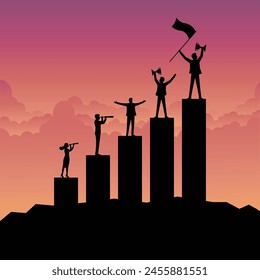 Business, Success, Leadership, Teamwork growth and achievement, Silhouette team strategy for business success concept, Business people team working on improve bar graph. Vector illustration flat