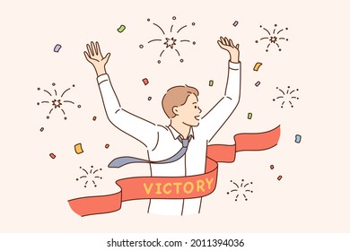 Business success, leadership, winner reaching goal concept. Young smiling businessman cartoon character running reaching goal celebrating victory at finishing line as first winner feeling happy