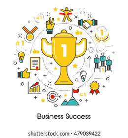 Business Success Line Art Thin Vector Icons Set with Trophy