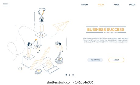 Business success - line design style isometric web banner on white background with copy space for text. A header with businesswoman standing on the top of staircase, holding a cup. Victory concept