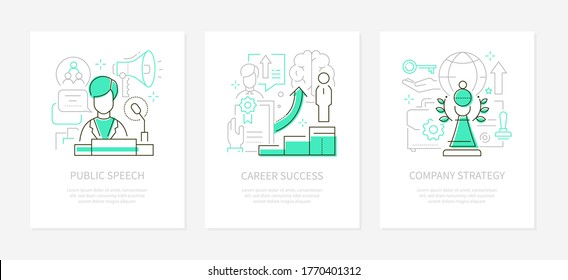 Business Success - Line Design Style Banners Set With Place For Text. Public Speech, Career Growth, Company Strategy Illustrations. Speaker At The Conference, Diagram And Certificate, Chess Pawn Icons