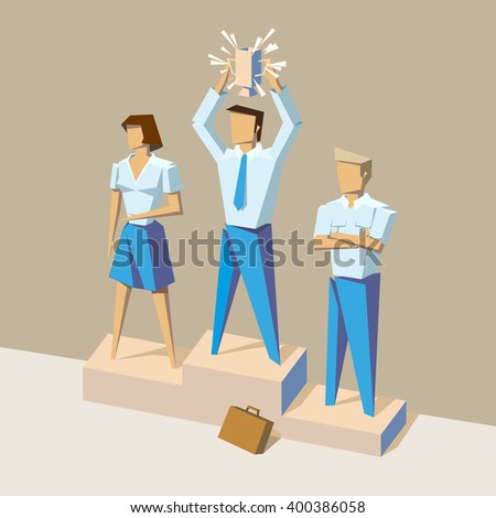 Business success low poly vector illustration. Happy businessman in suit standing on pedestal and takes a winner cup over his head. Business people Group Team Leader concept. Use for web infographics