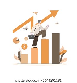 Business Success and Market Growth Strategy Visualization in Flat Design, Man Walking Up Graph Bars, Businessman Climbing Bar Chart for Career and Financial Growth Concept