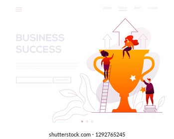 Business success - modern flat design style web banner on white background with copy space for text. High quality header with male, female colleagues, a big cup, prize, coins stack. Victory concept