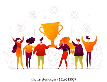 Business success - modern flat design style web banner on white background. High quality composition with cute male, female colleagues holding a big cup, prize, celebrating victory. Winning concept