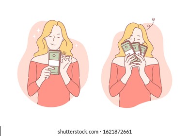 Business, success, moneymaker, profit set concept. Young successful businesswoman made good deal and enjoys big profit. Young girl is real moneymaker and knows a lot about business. Simple flat vector