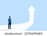 Business success to the next level concept. Businessman standing in front of arrow symbol illustration, challenge to become better and achieve success, vision to see next goal, motivation to succeed.