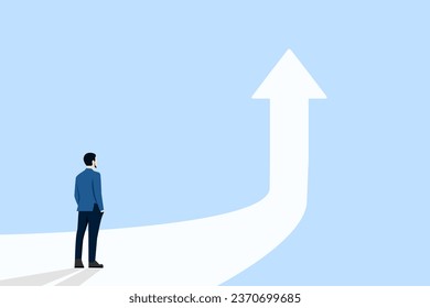 Geschäftserfolg zum Konzept der nächsten Stufe. Geschäftsmann steht vor der Pfeil-Symbol-Illustration, Herausforderung, besser zu werden und Erfolg zu erreichen, Vision für das nächste Ziel, Motivation zum Erfolg.