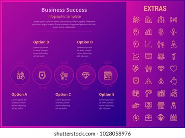 Business success options infographic template, elements and icons. Infograph includes line icon set with business worker, successful businessman, corporate leader, market data, money, piggy bank etc.