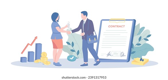 Business Success Partnership. Contract conclusion, deal settlement, agreement, document signing. Vector illustration with character situation for web.	
