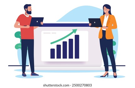 Gente de éxito de negocios: empresarios, hombres y mujeres de pie con computadoras portátiles frente a la tabla y el gráfico ascendentes con la flecha ascendente verde. Ilustración vectorial de diseño plano con fondo blanco