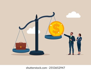 Business success. Business people with money, money on the scale. How much does the job cost, portfolio, equal pay, fair pay. Flat vector illustration 