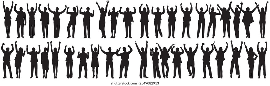 business success people raising hands silhouettes.