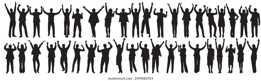 business success people raising hands silhouettes.