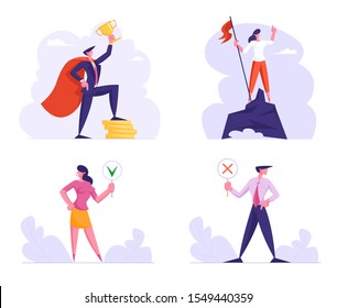 Business Success and Politics Voting Set. Businesspeople Stand on Top of Rock and Pedestal with Trophy, Goal Achievement, Characters with Yes No Banners for Vote. Cartoon Flat Vector Illustration