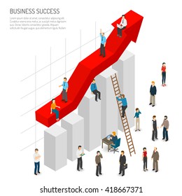 Business success poster of abstract diagram with red arrow growth and people around it isometric vector illustration