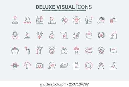 Business success prize and achievement award line icons set. Applause and medal, likes and crown of champion, career and target of leader thin black and red outline symbols vector illustration