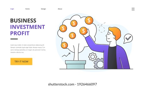 Business success and profit abstract concept with businessman plucking gold coins off a money tree in a website template, colored vector illustration. Website, web page, landing page layout