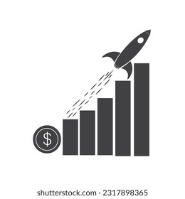 Antecedentes vectoriales del progreso del negocio. Barras de crecimiento gráficas con flecha en ascenso y cohete volador. Subir la motivación, el camino hacia el logro del objetivo.
