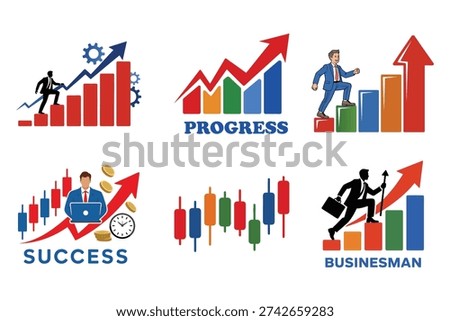 Business Success Progress Vector Set – Businessman Running Up Growth Charts, Rising Arrows Candlestick Surge, Wheelchair Achievement Illustration